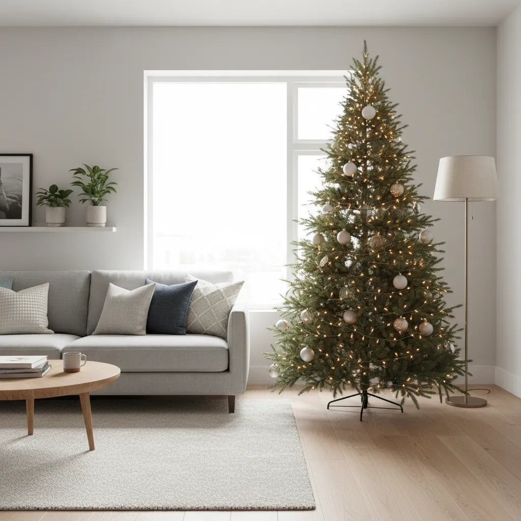 Árbol de Navidad colocado junto a una ventana en un salón luminoso