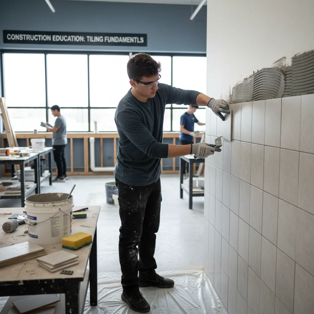 Estudiante colocando azulejos durante prácticas de construcción interior