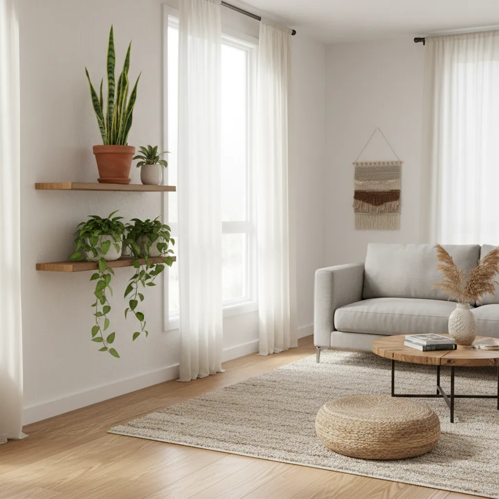 Plantas colocadas cerca de una ventana con luz indirecta en un salón moderno