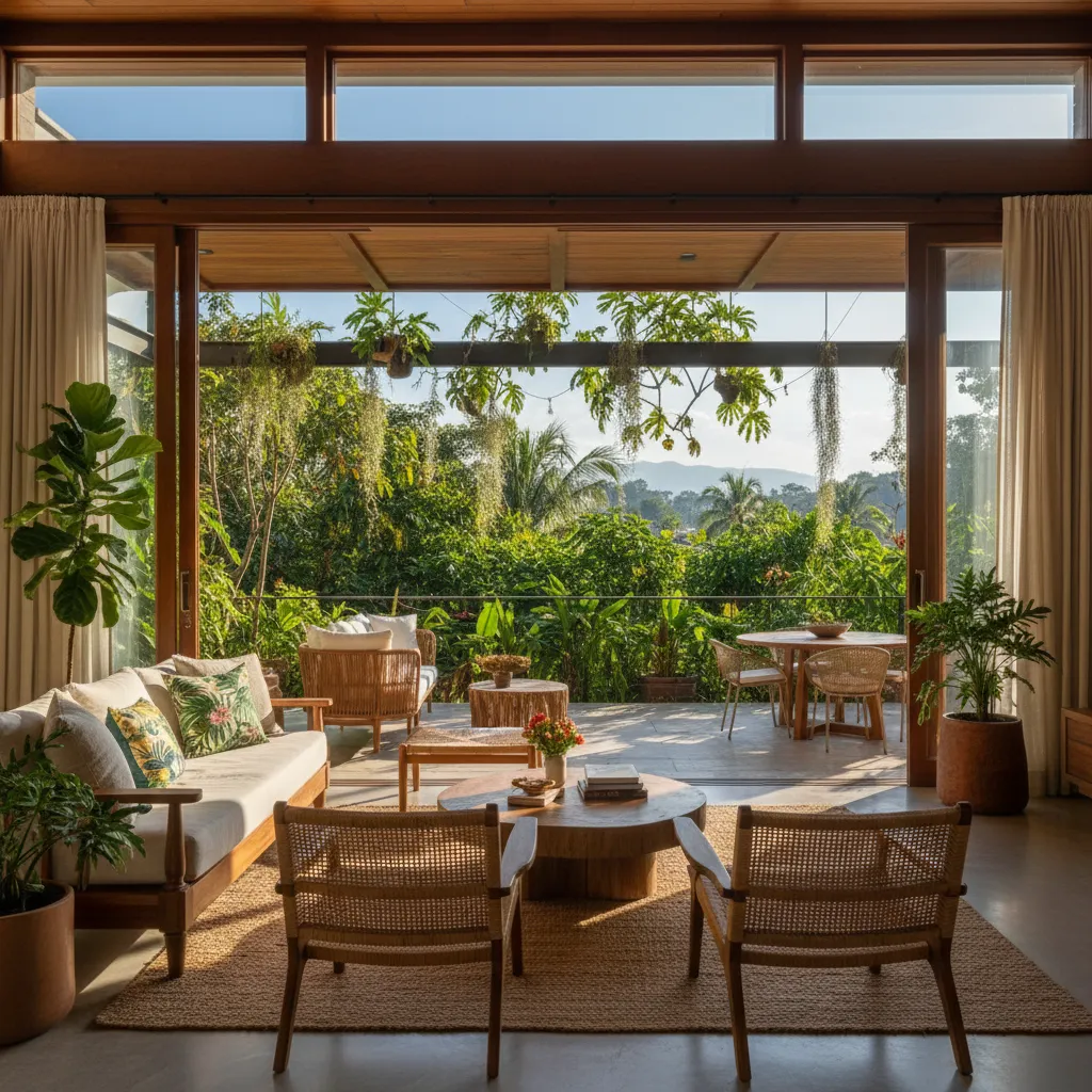 Sala abierta conectada con terraza en una casa colombiana