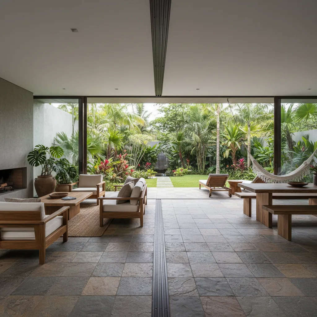 Espacio interior conectado con jardín tropical