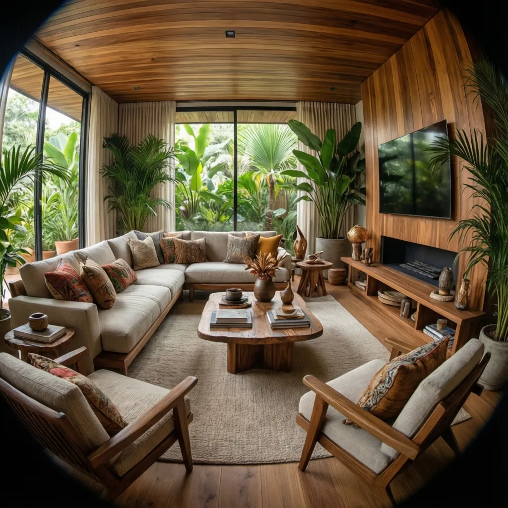 Sala elegante con estilo colombiano y materiales naturales