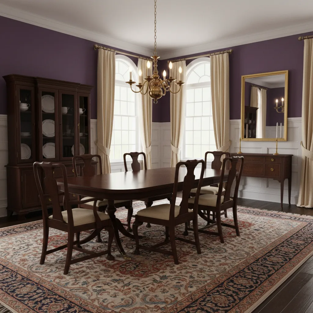 Dining room with white wainscoting and purple upper walls