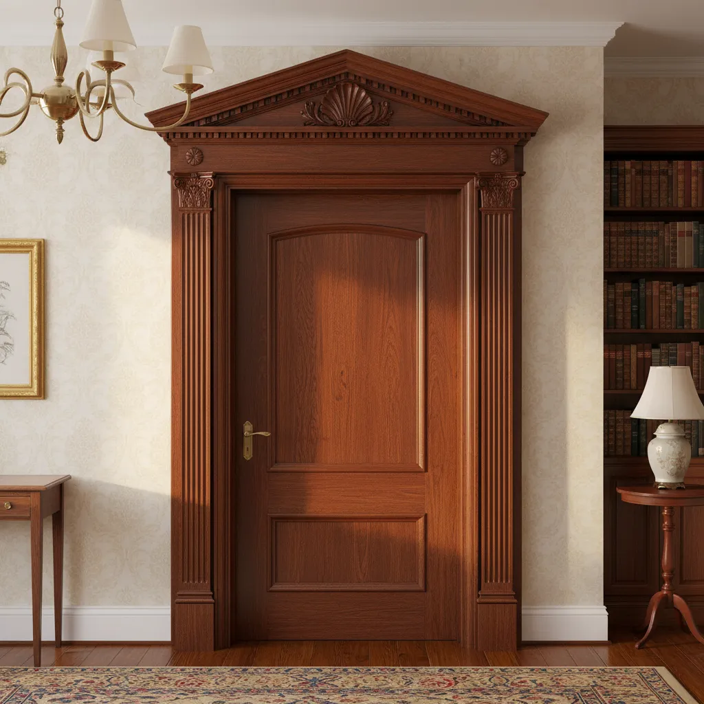 Classic dark wood door with ornate carvings and decorative top in a traditional library room