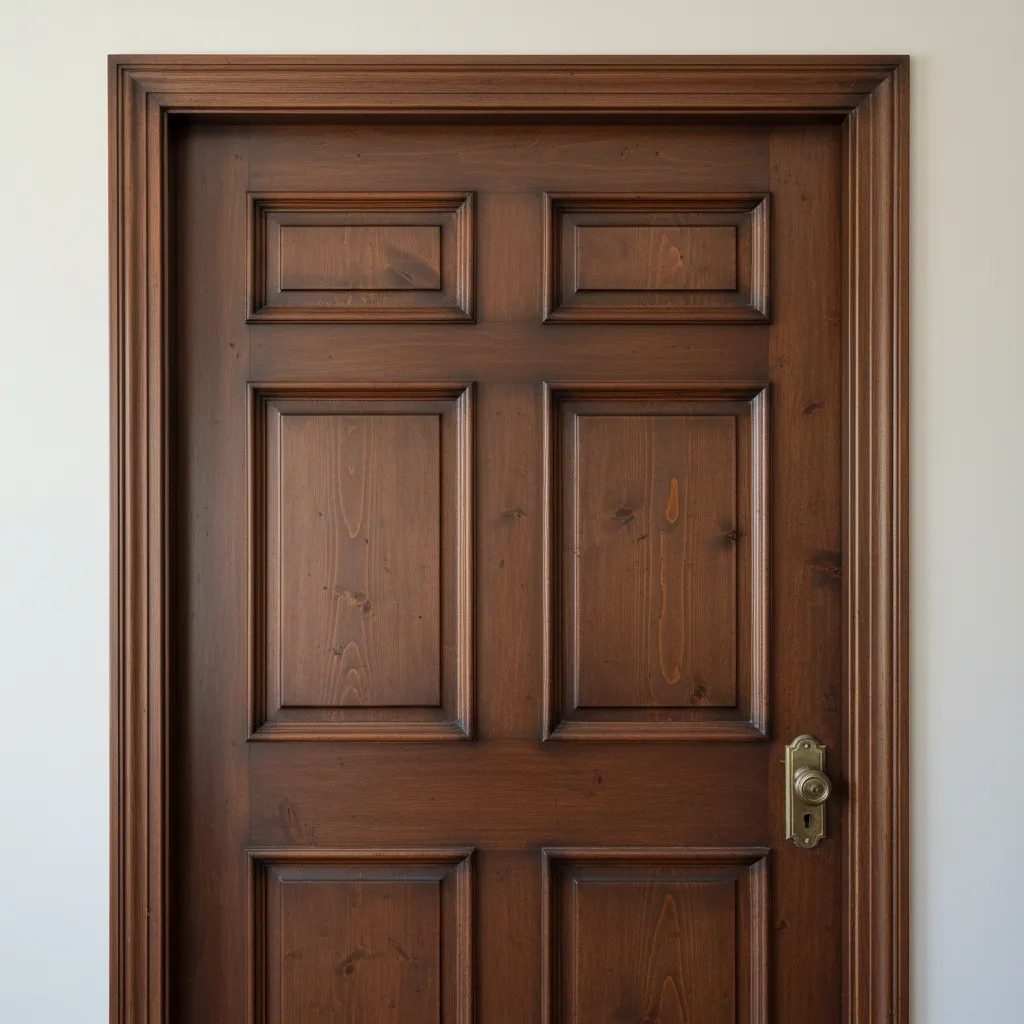 Classic dark brown wood door with six rectangular panels and a vintage brass metal handle