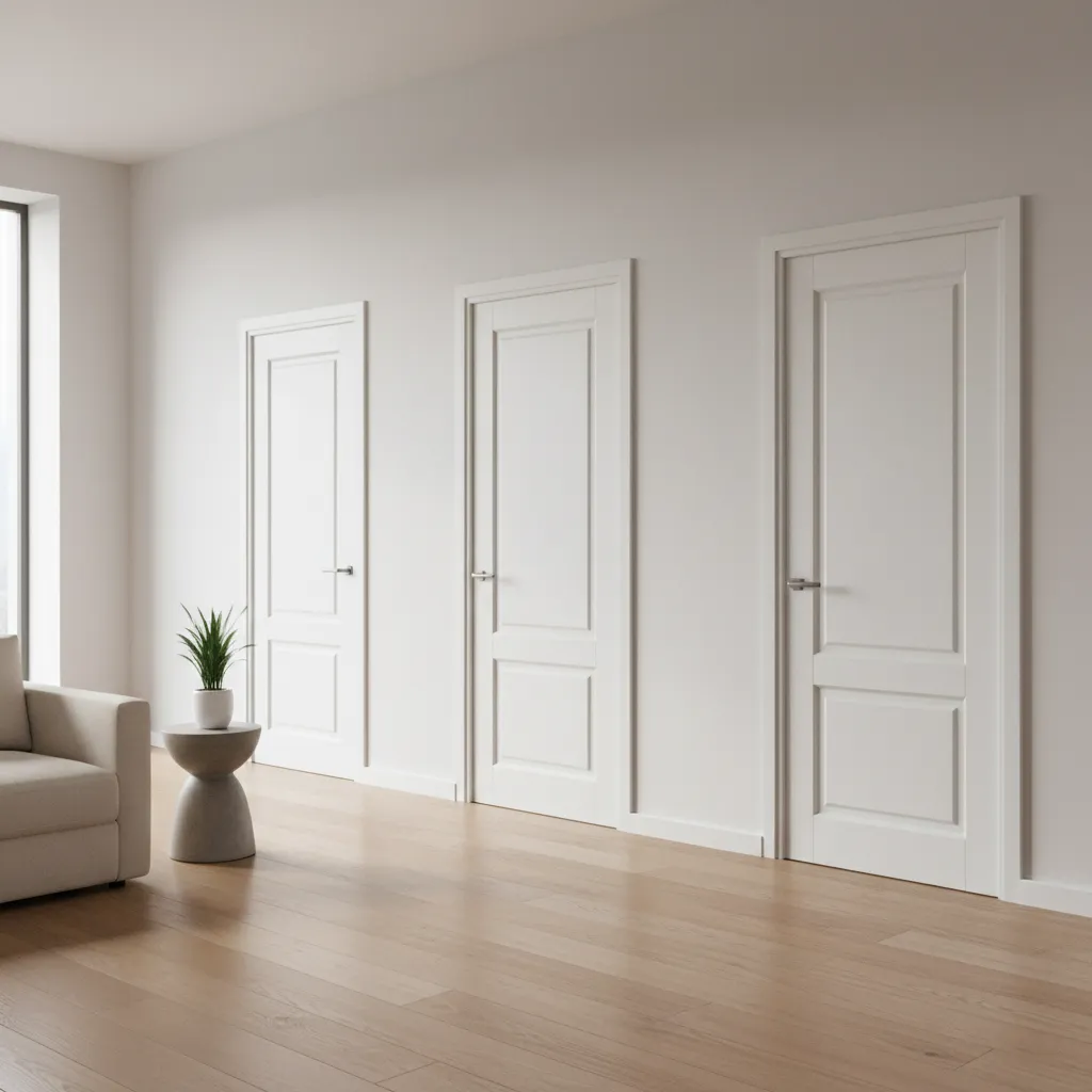 Three white panel doors in a row along a white wall with light wood floor