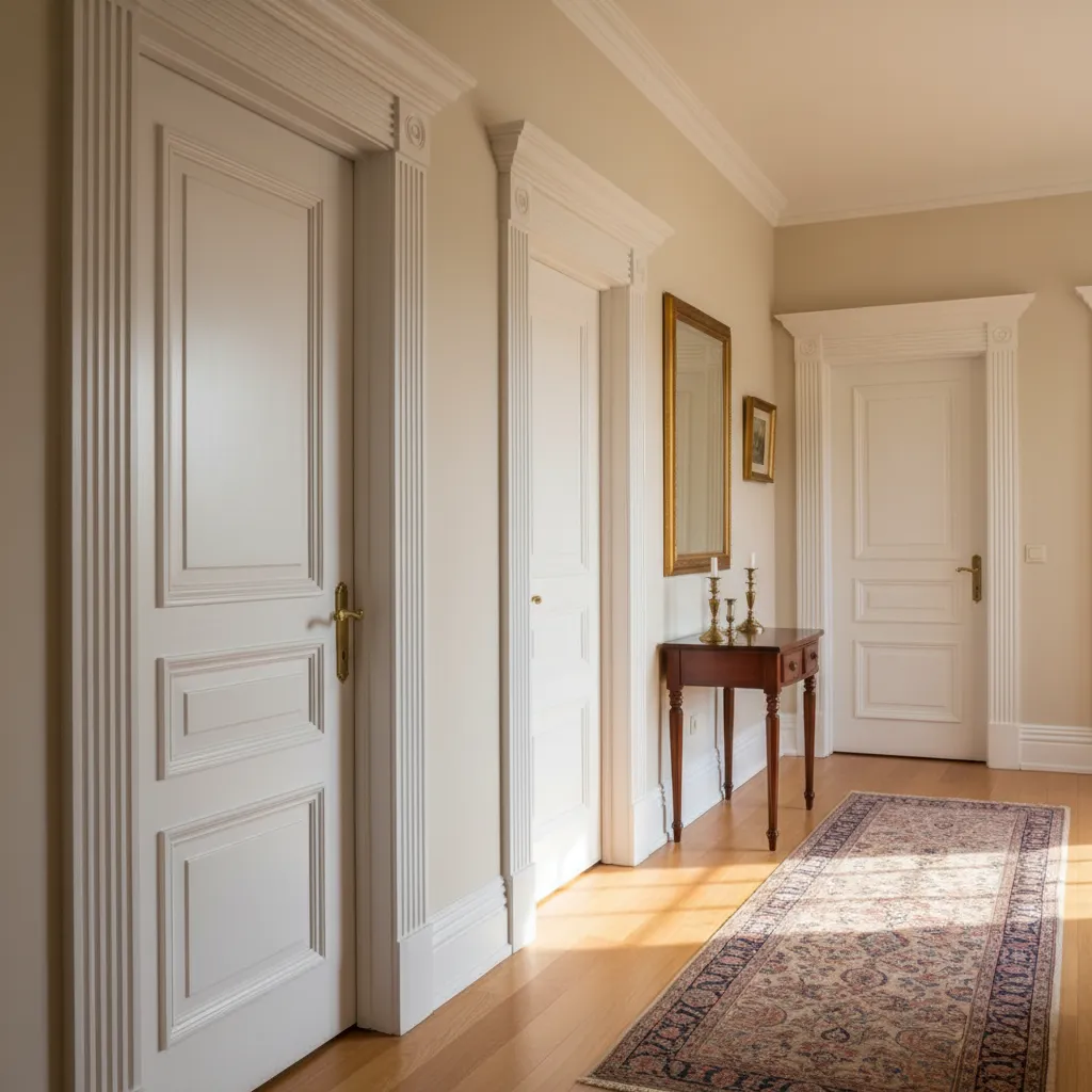 Bright hallway with white interior doors wooden table mirror and patterned rug on wood floor