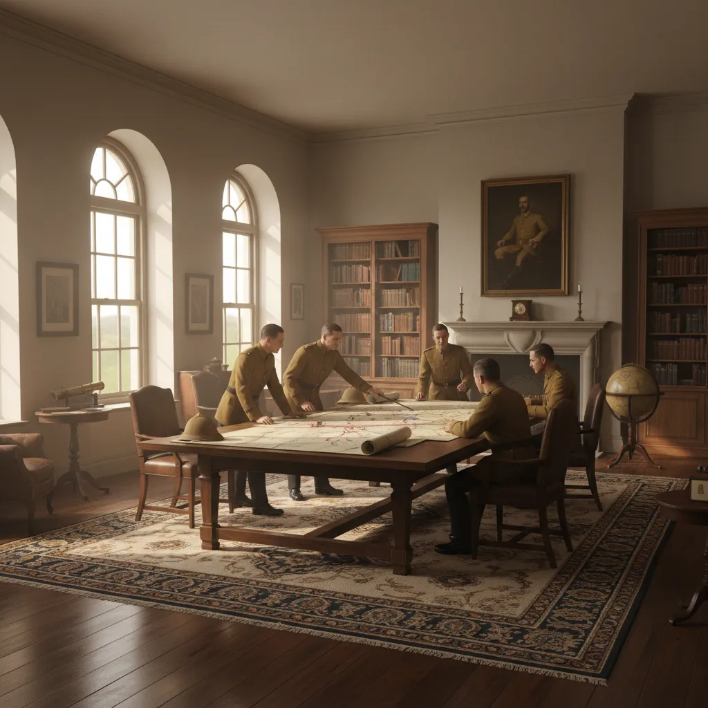 British officers discussing military administration plans around table with maps