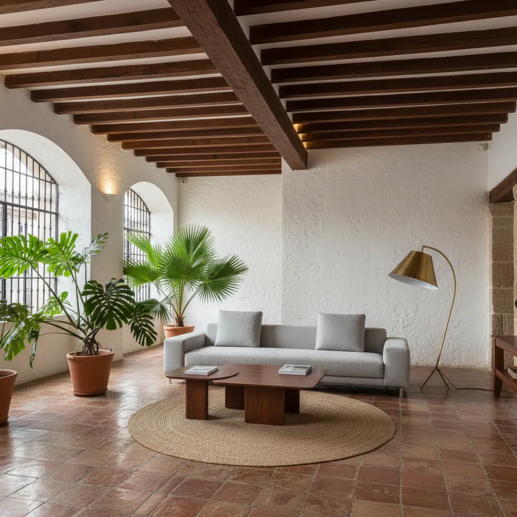 Interior que mezcla arquitectura colonial con mobiliario moderno