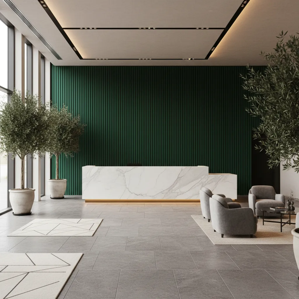 Lobby con pared de acento en color verde profundo detrás de la recepción