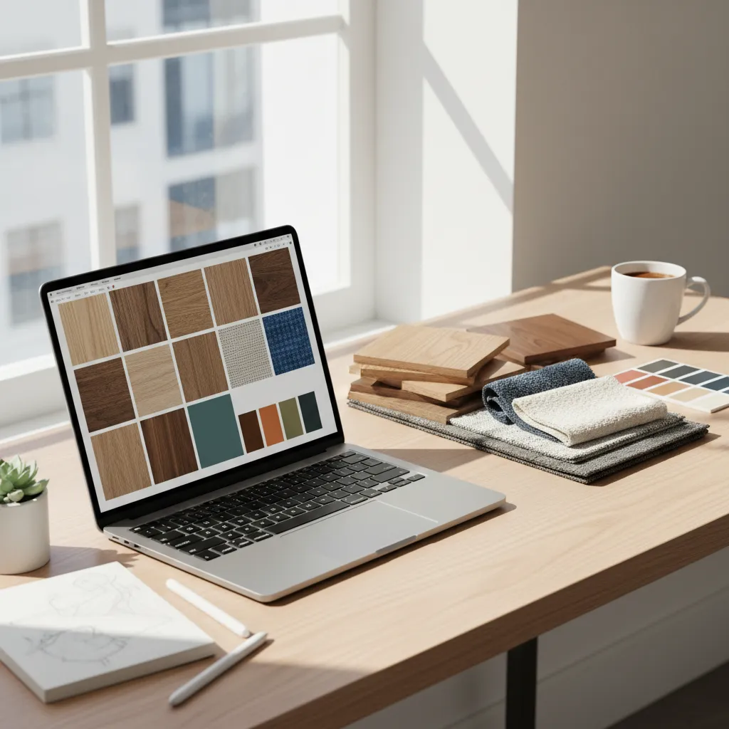 Pantalla de laptop mostrando materiales y paleta de colores de interiorismo