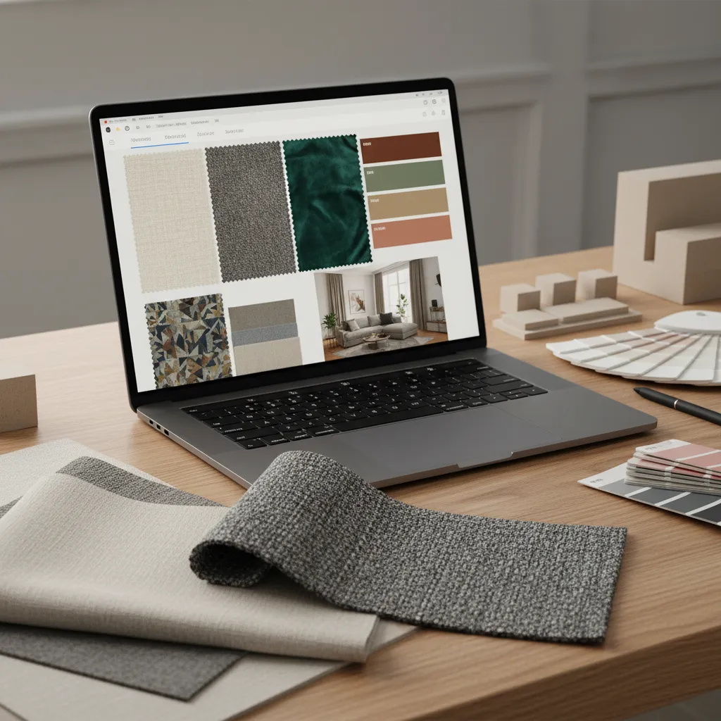 Pantalla de portátil mostrando muestras de colores y materiales para interiorismo