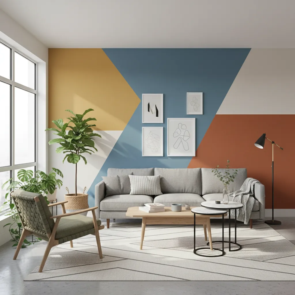 Diseño de pared con bloques de color en una sala moderna