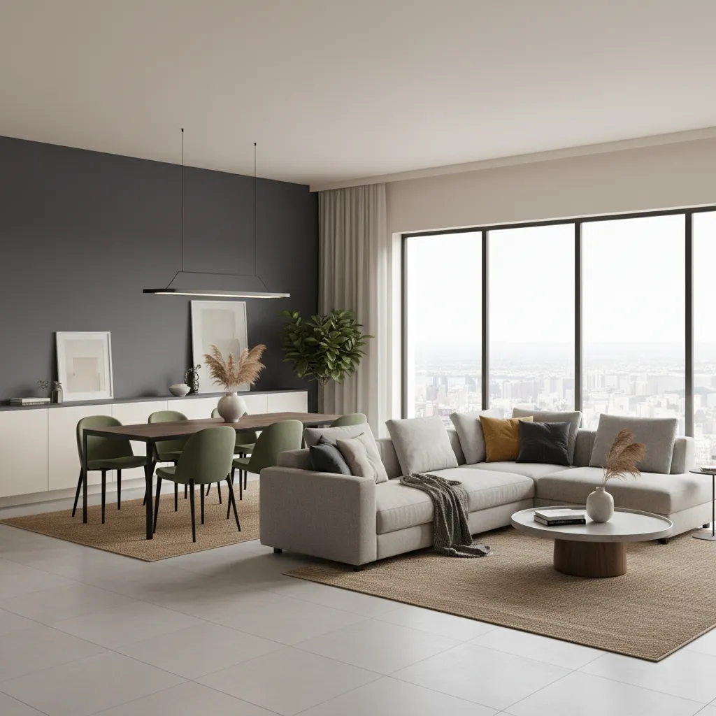 Color blocking paint technique separating living and dining spaces