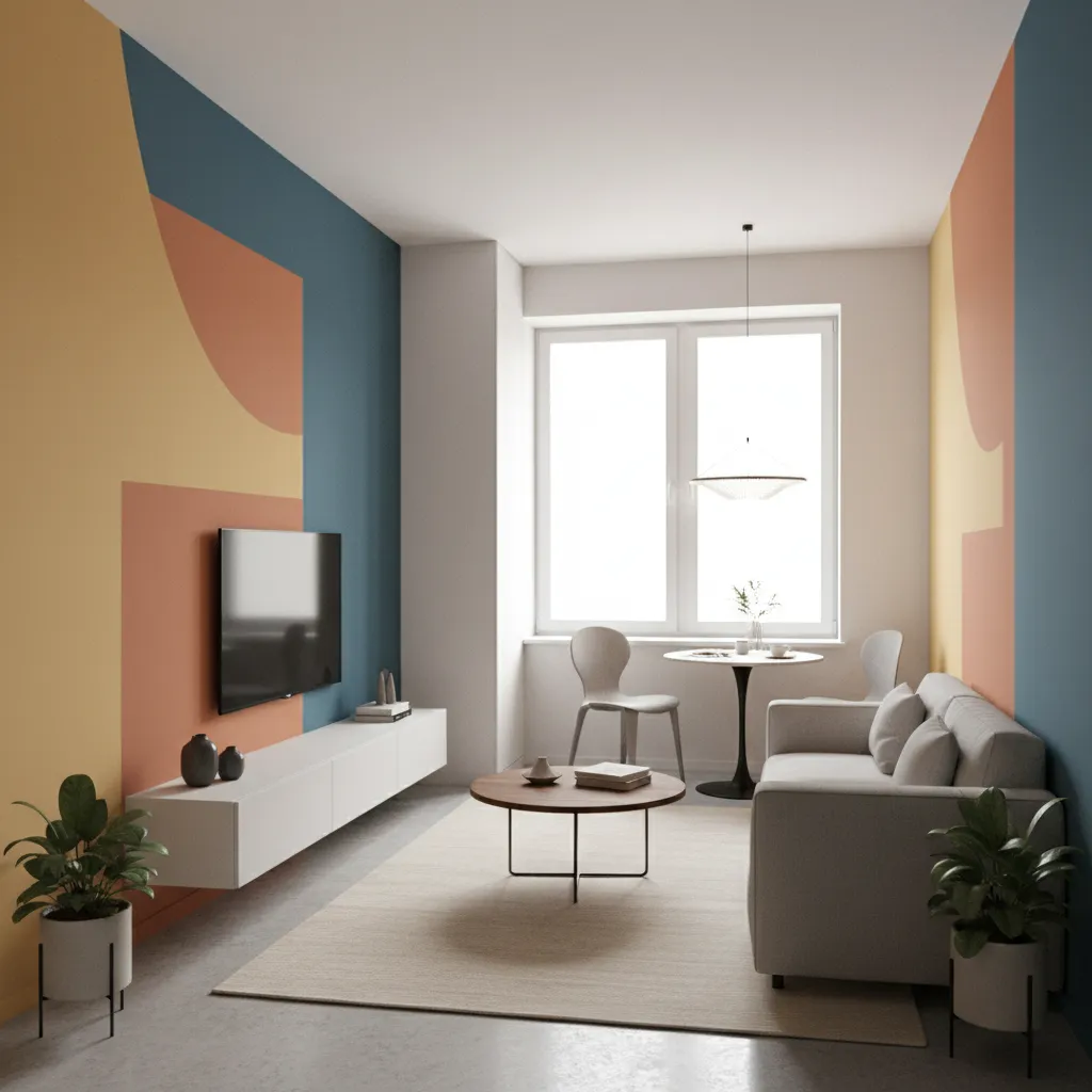 Small apartment interior using color blocking to define zones
