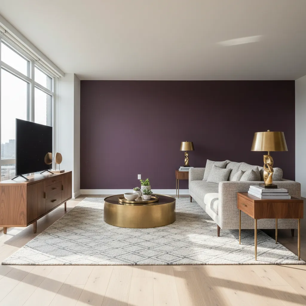 Modern living room with purple wall grey sofa wooden cabinet and a brass coffee table