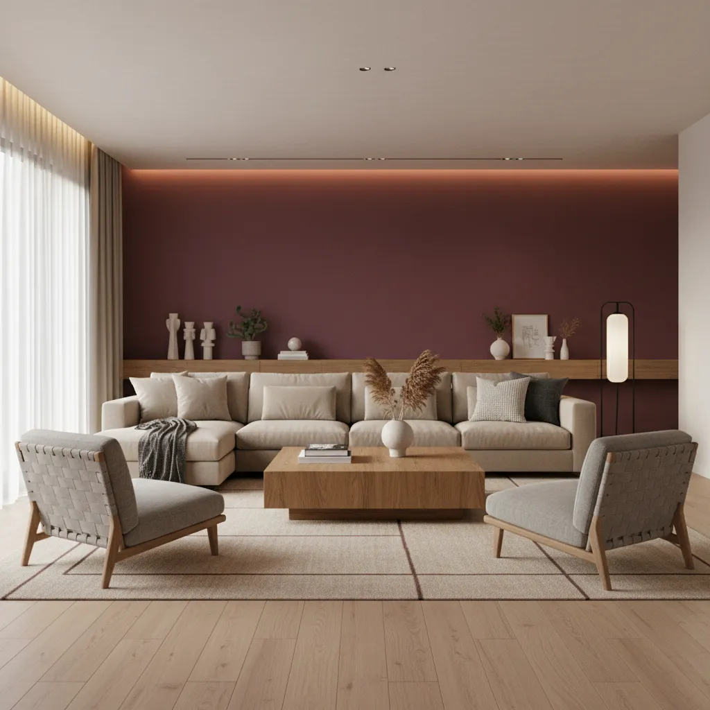 Modern living room with dark red wall beige sofa wooden coffee table grey armchairs rug
