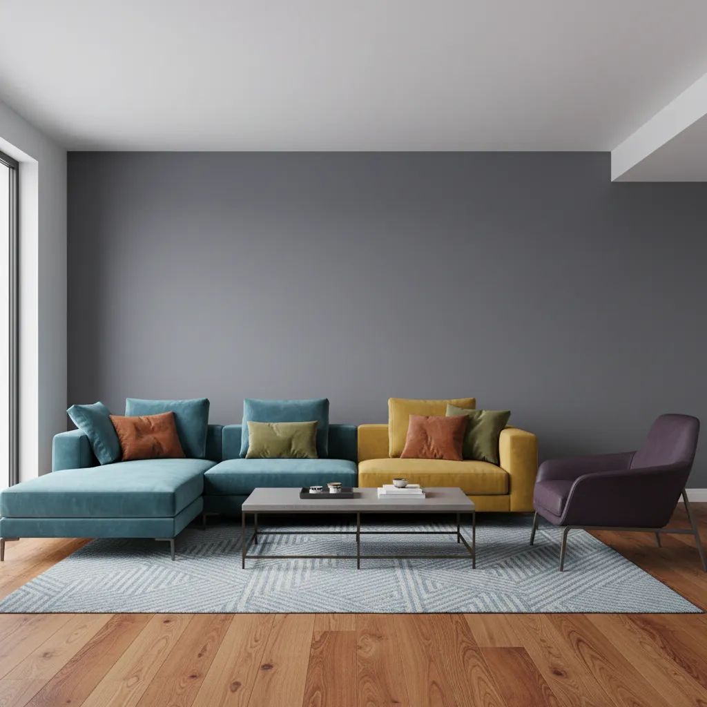 Interior example showing wall paint clashing with furniture and flooring