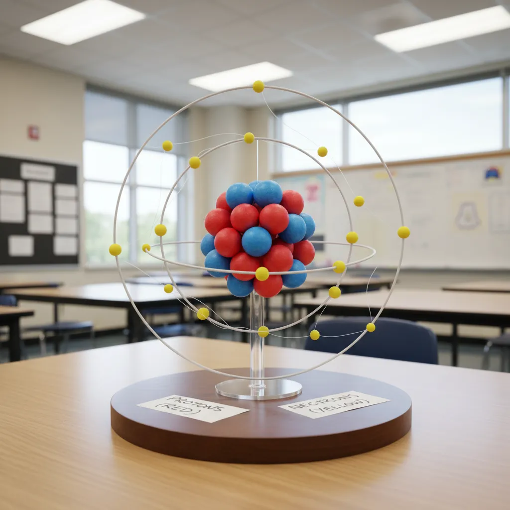 color coded atom model showing protons neutrons and electrons clearly