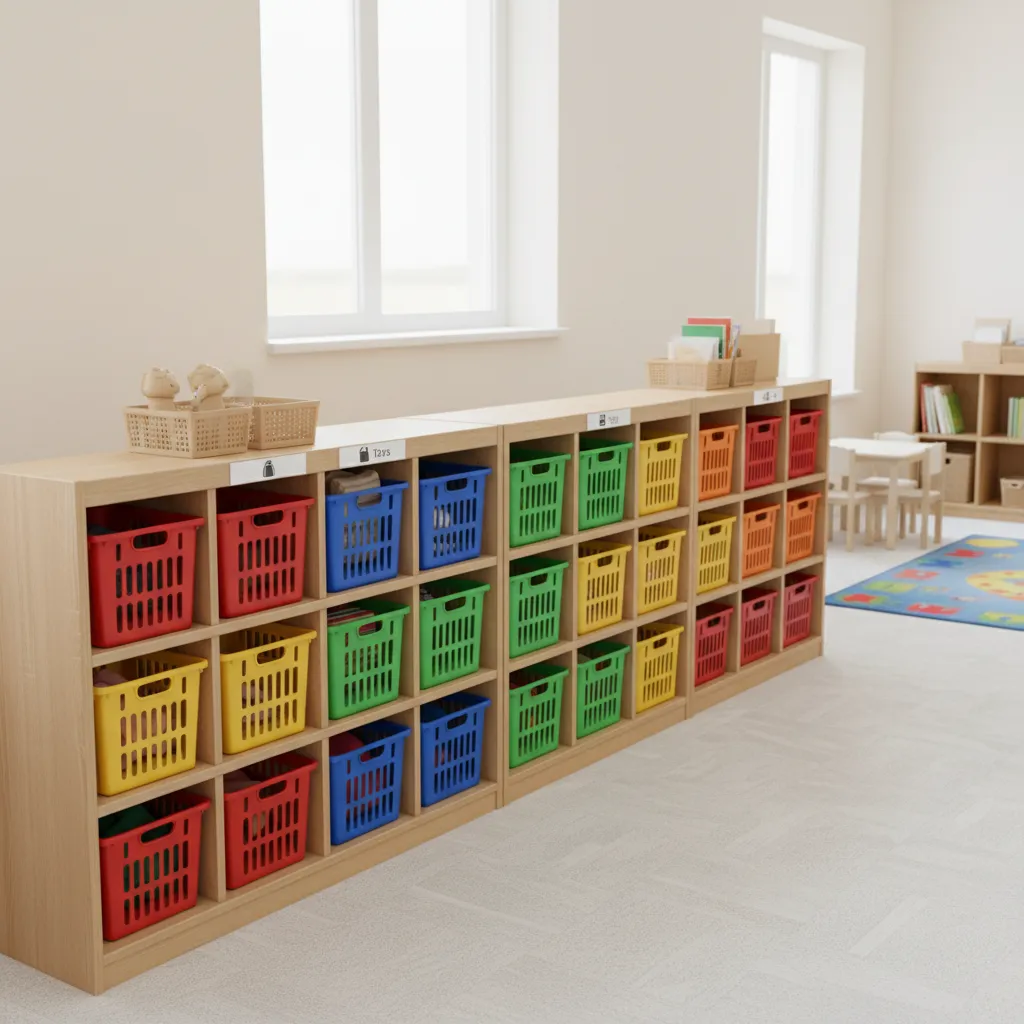Color coded laundry baskets for organizing children's clothing in daycare