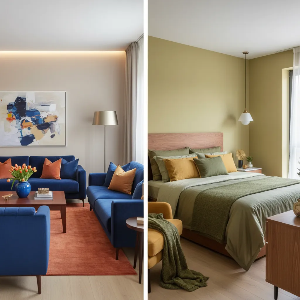 Comparison of a blue living room with sofa and a green bedroom with light fixture