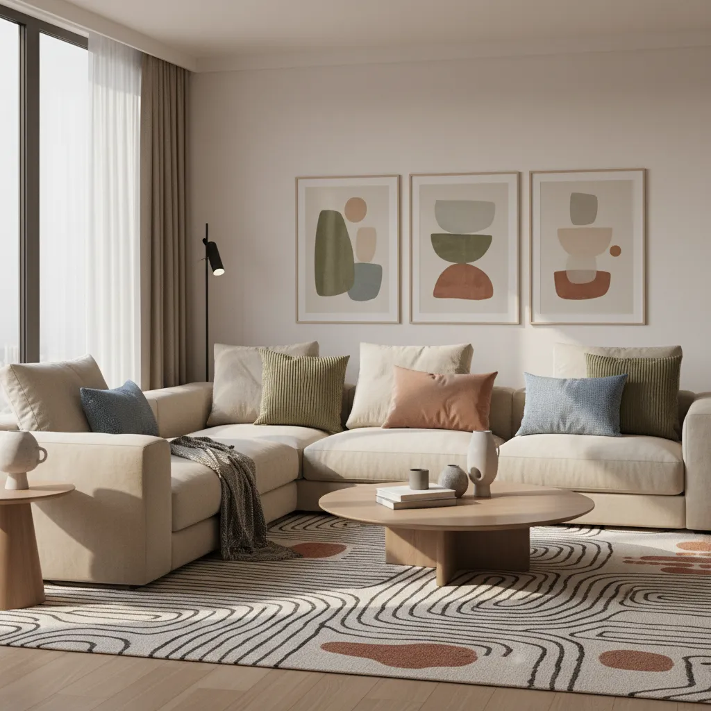 living room interior demonstrating consistent color palette across furniture and decor