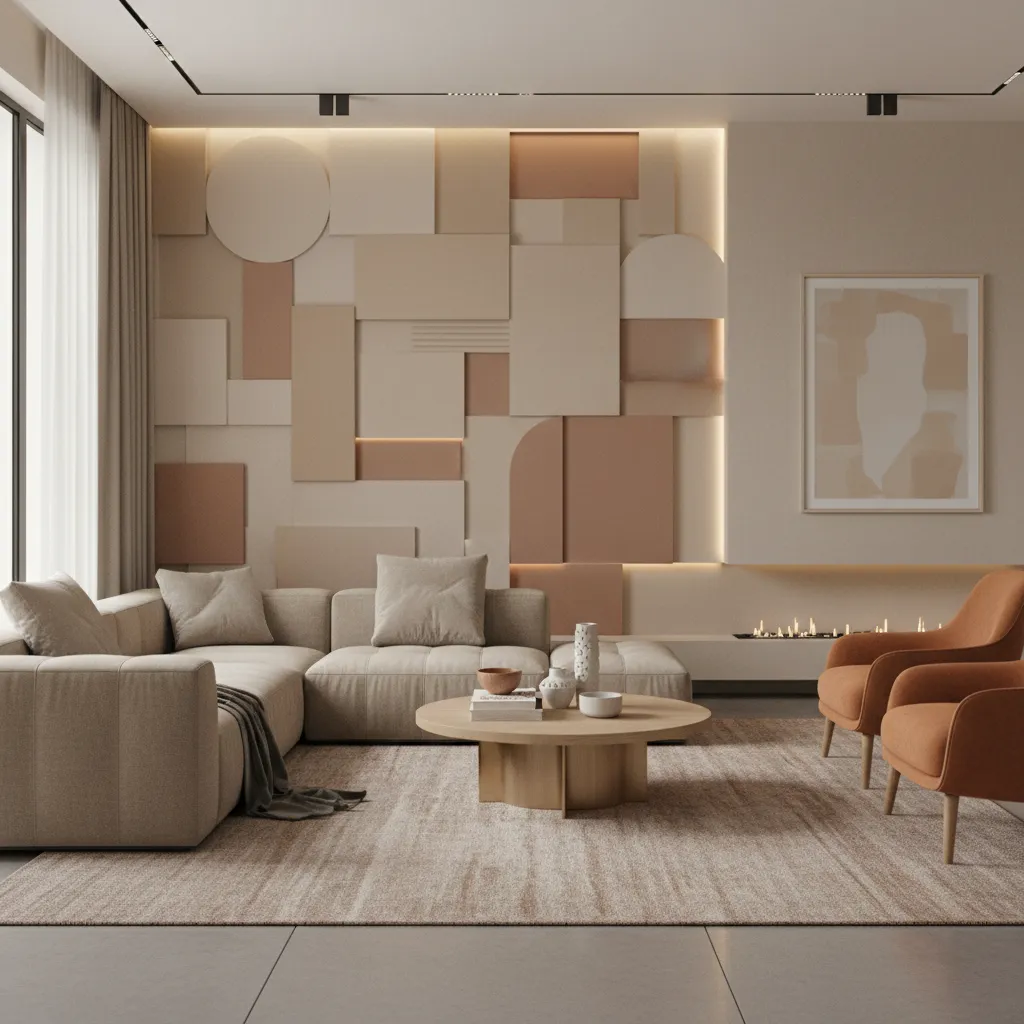 3D wall art color palette coordinated with living room furniture