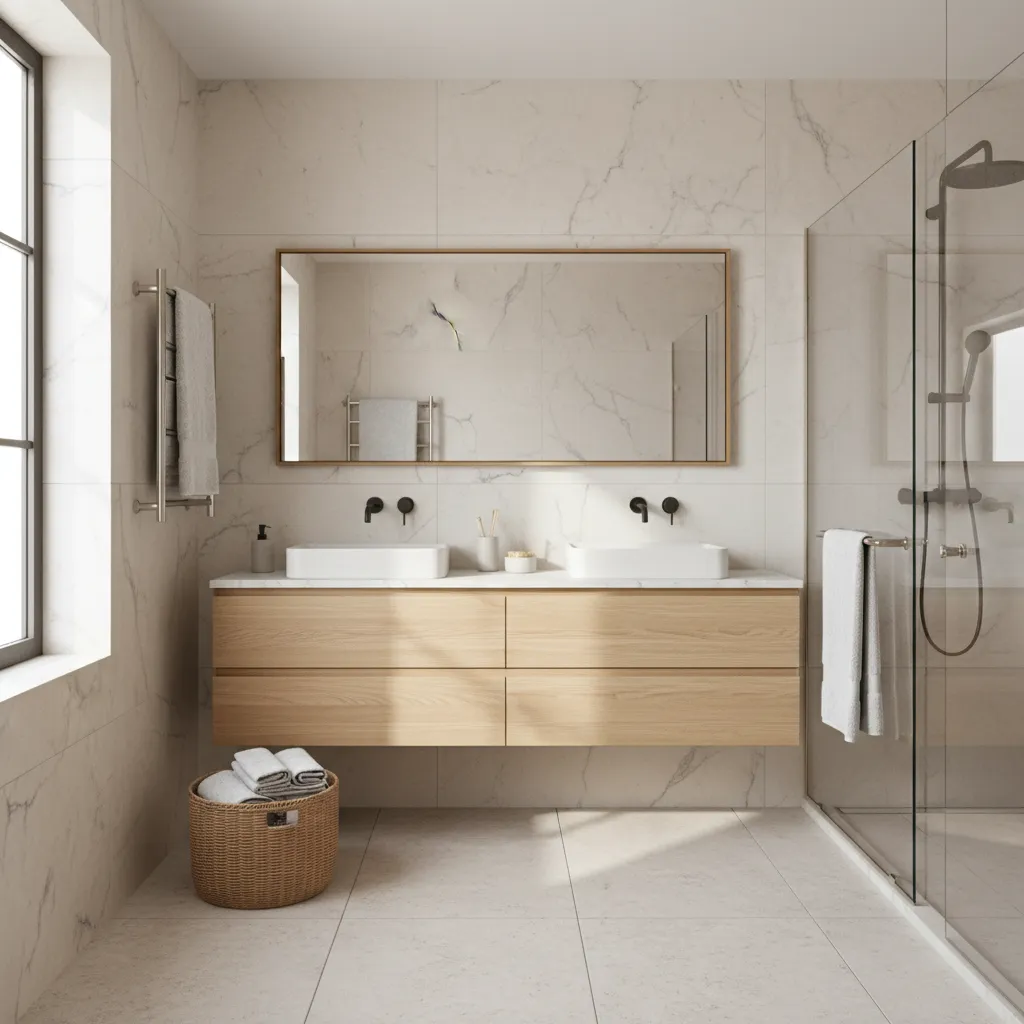 bathroom towels coordinated with neutral bathroom color palette