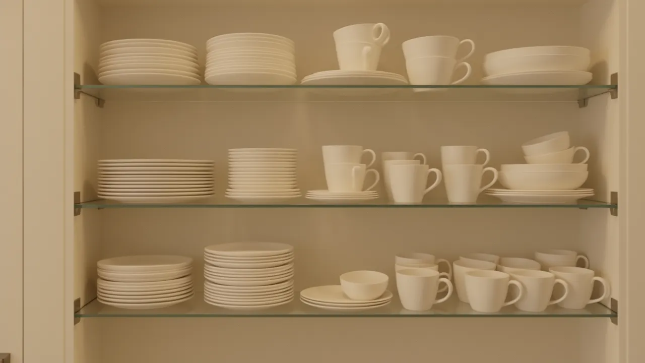 Glass kitchen cabinet with white dishware neatly grouped by color