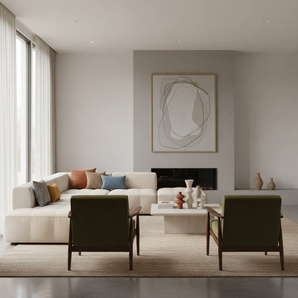 Living room demonstrating the 60 30 10 color rule in interior design