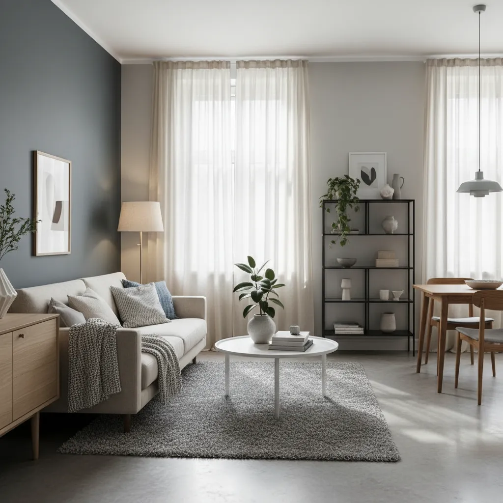 Uso de colores claros y acentos oscuros en un apartamento pequeño