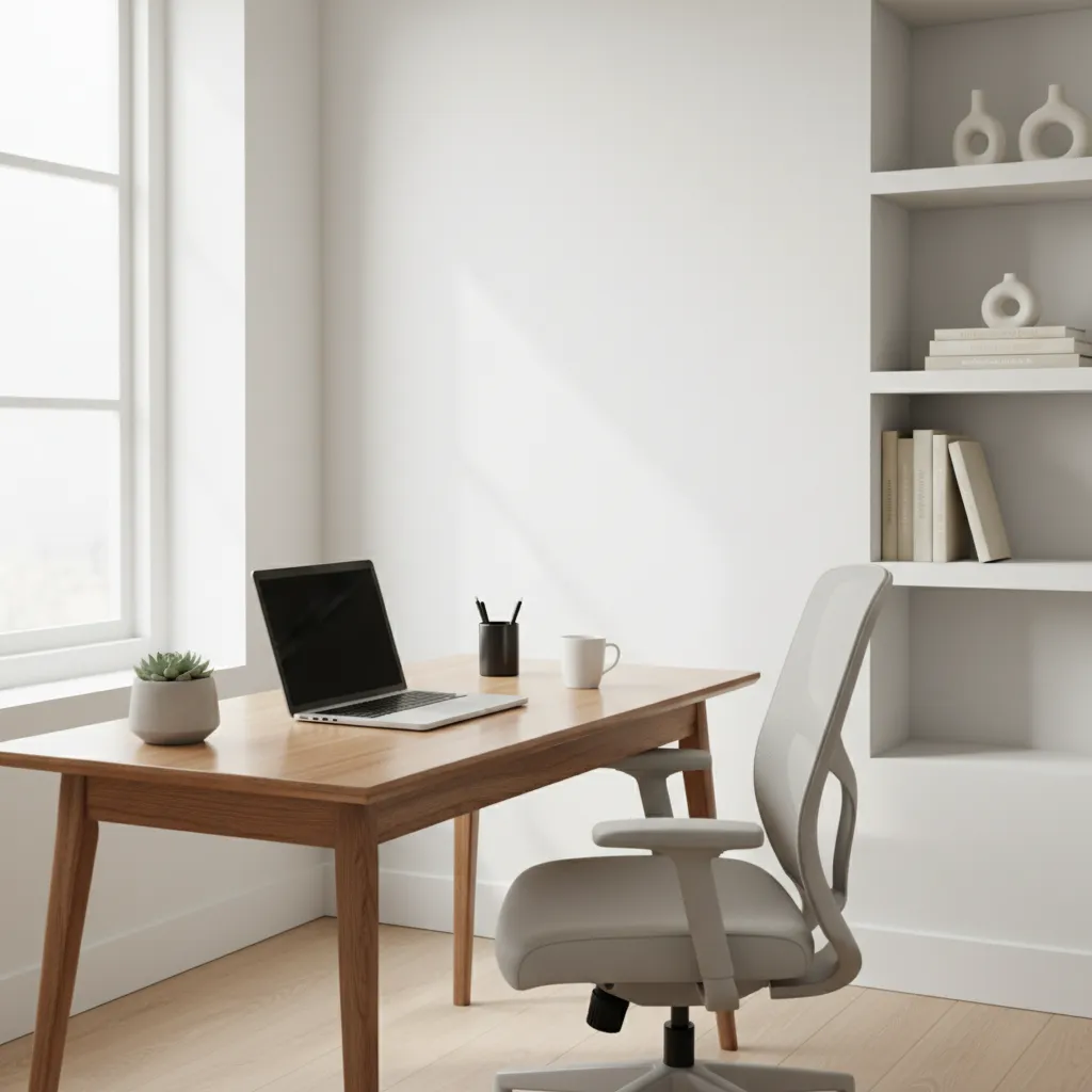 oficina pequeña con paleta de colores claros y madera natural