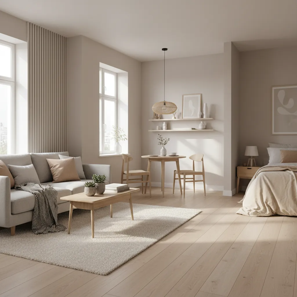 Neutral tone open plan room featuring light grey sofa wood coffee table and dining set