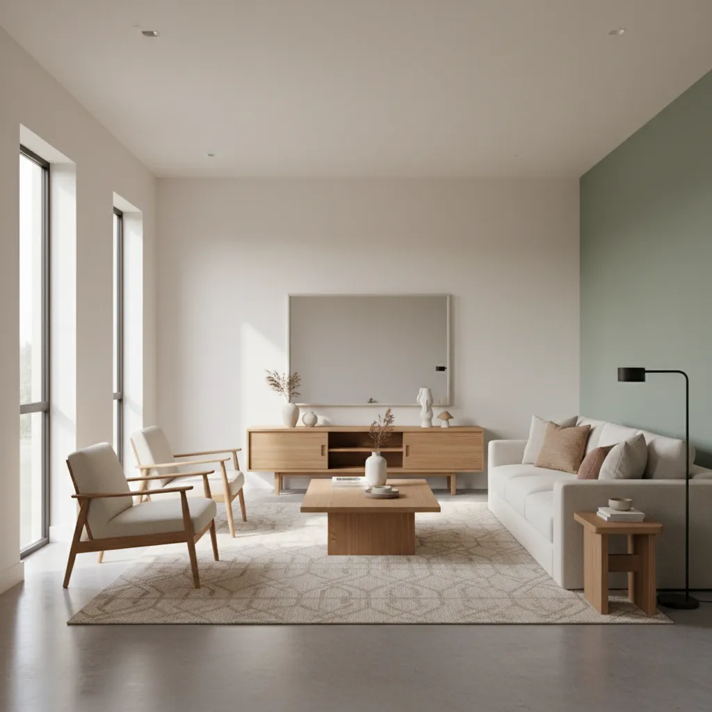 Spacious living room with green wall white sofa wood cabinet wooden coffee table and chairs