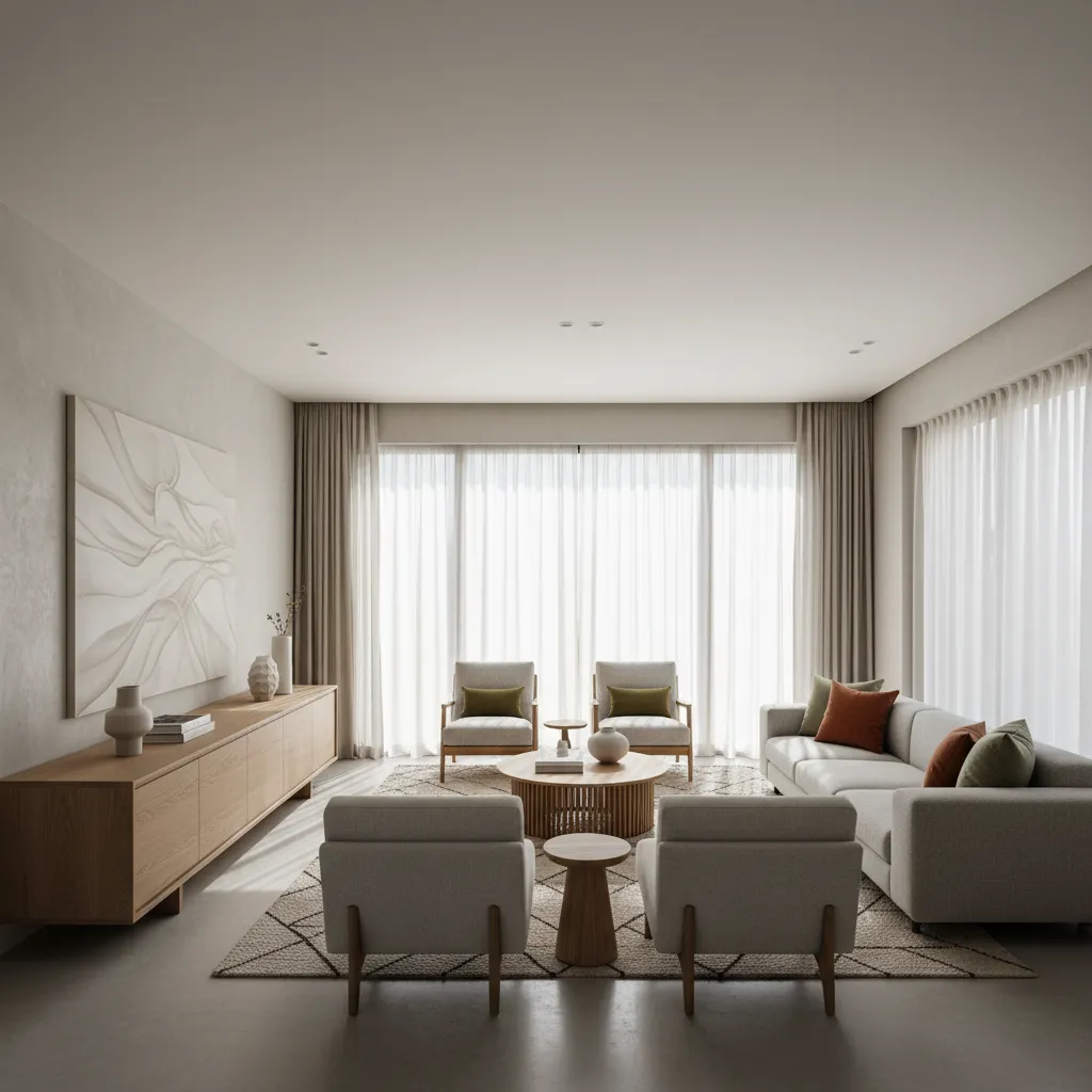 Minimalist living room with wooden cabinet large windows with white curtains and grey sofa set