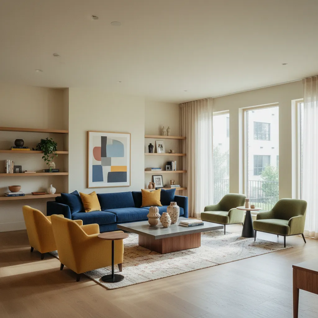 Bright living room with blue sofa yellow armchairs green chairs wooden floor and open shelves