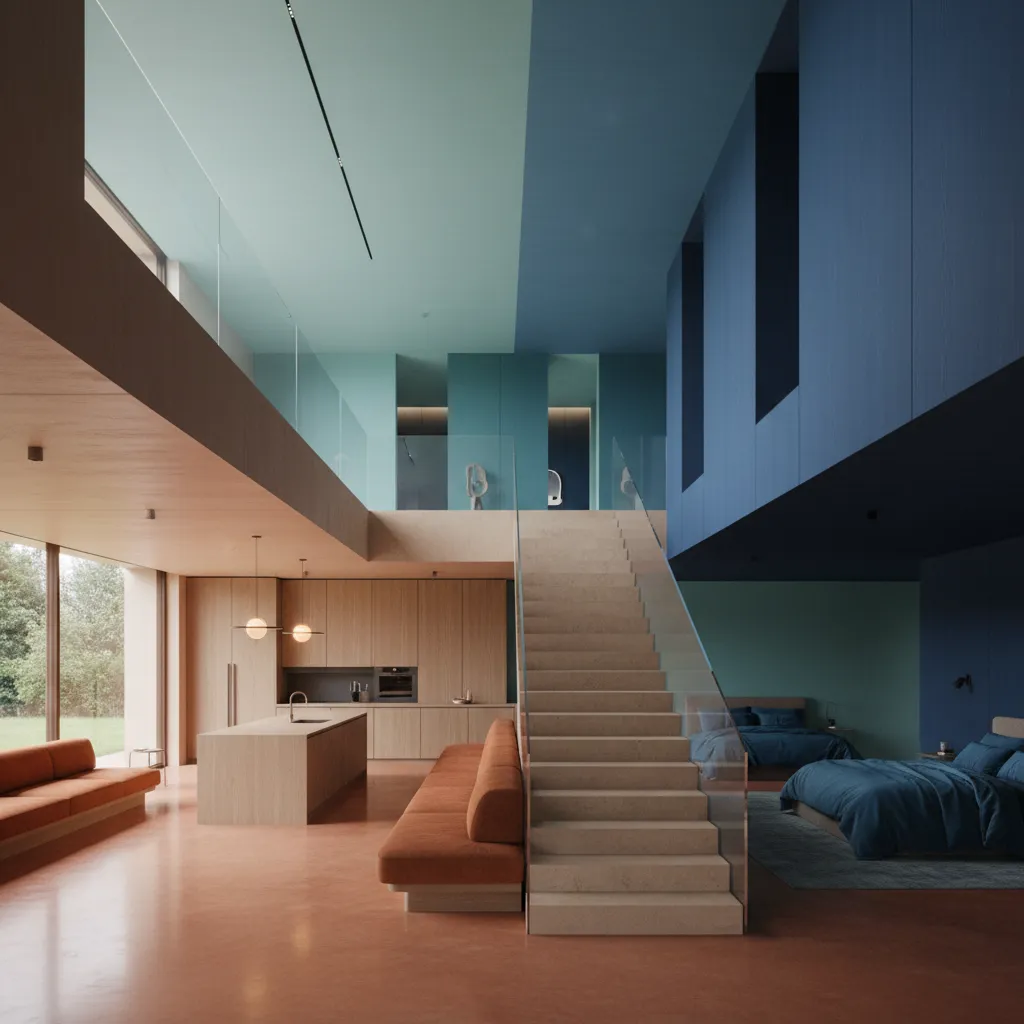 Modern open plan house with stairs orange sofa wood kitchen cabinets and blue bedroom wall colors
