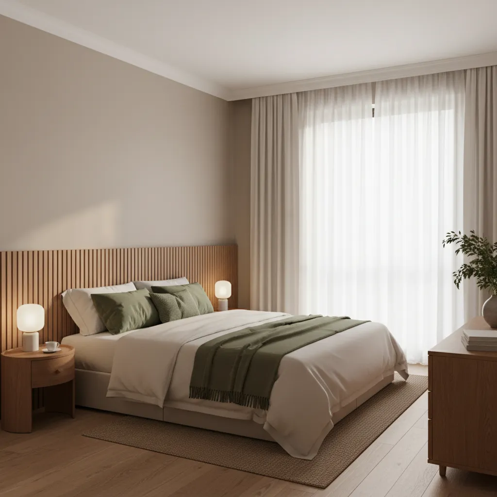 Bedroom interior showing balanced color palette with neutral base and accent colors