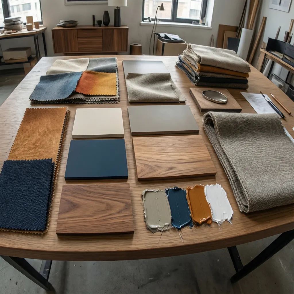 Tablero de materiales con paleta de colores para diseño de interiores