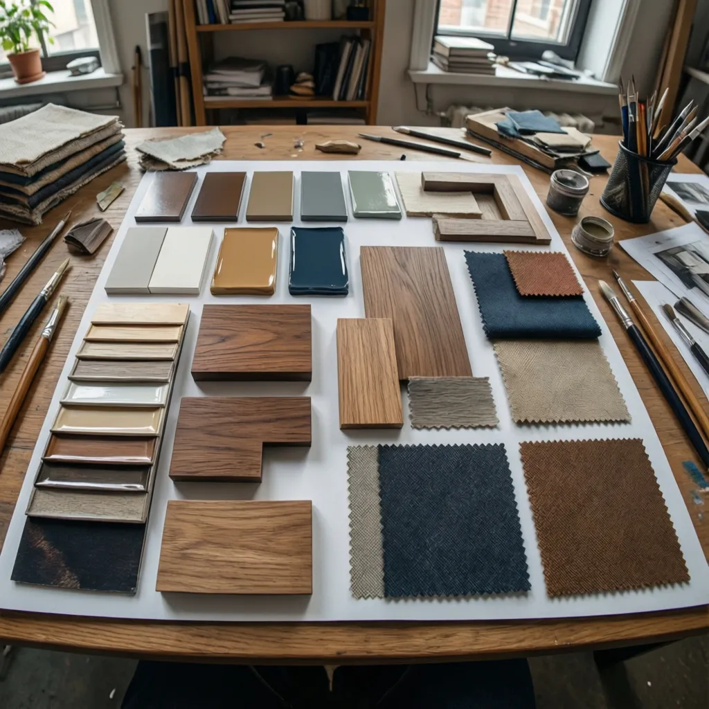 Interior design material board with wood samples fabric samples colorful tiles and paint on desk
