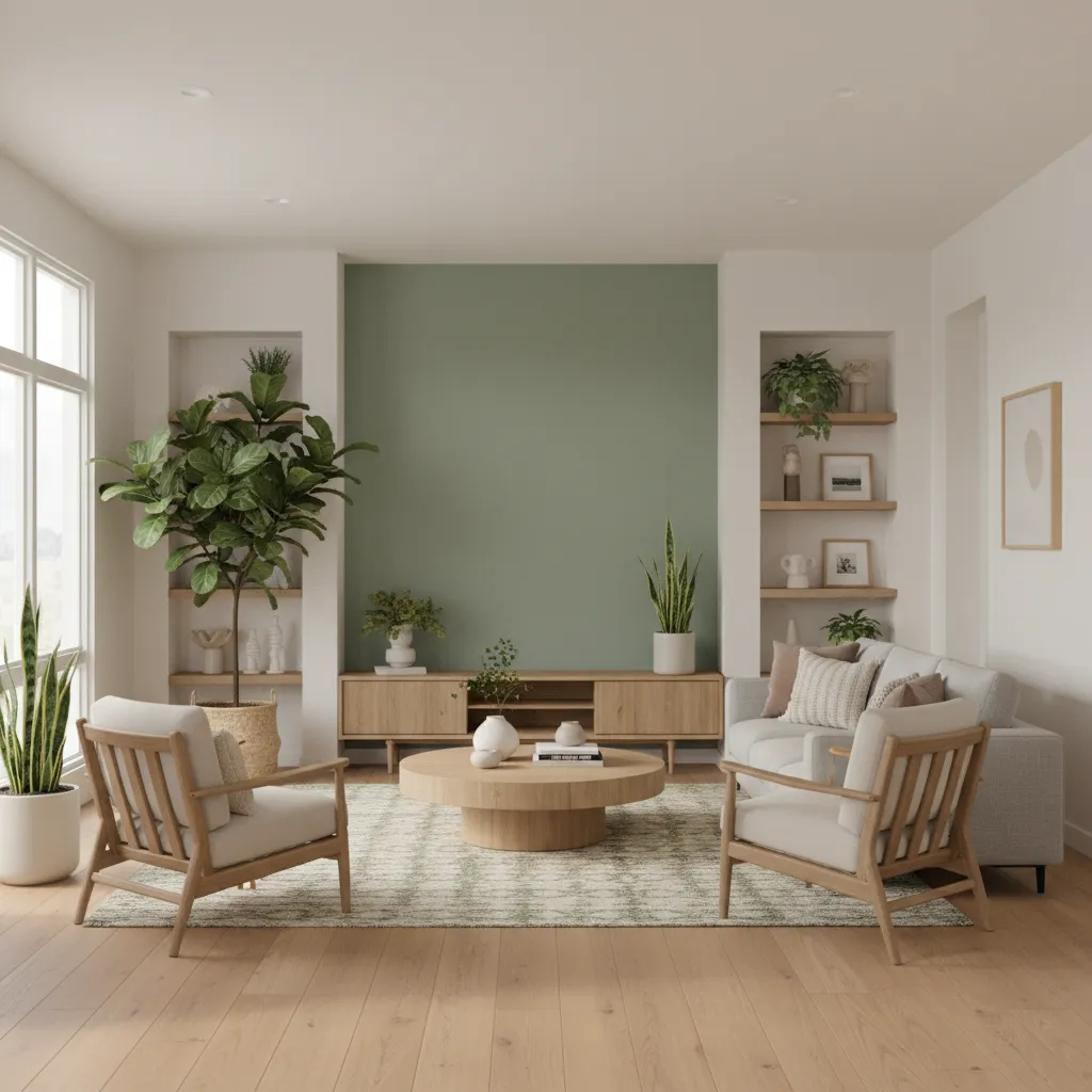 interior space showing sage green accent wall with warm neutral surrounding palette