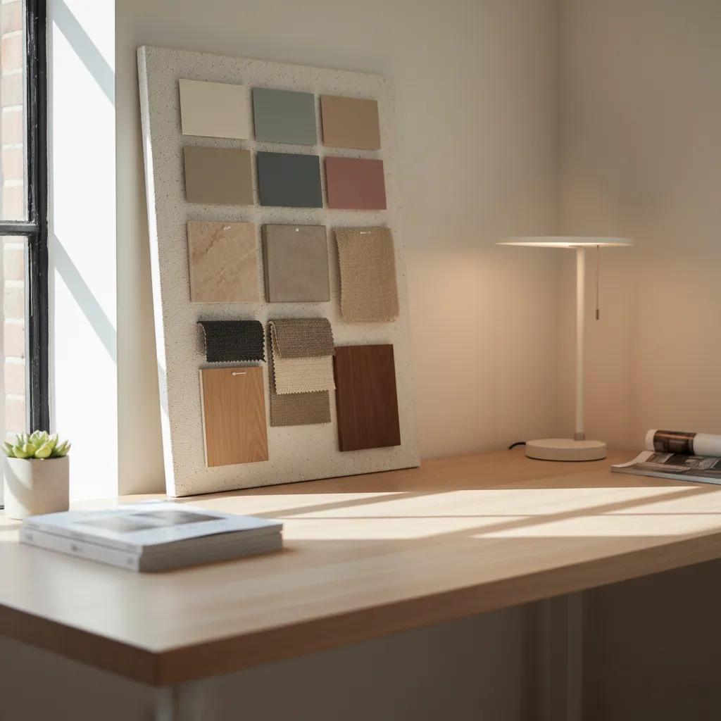 Interior design board with color samples and fabric pieces on wooden desk in bright room