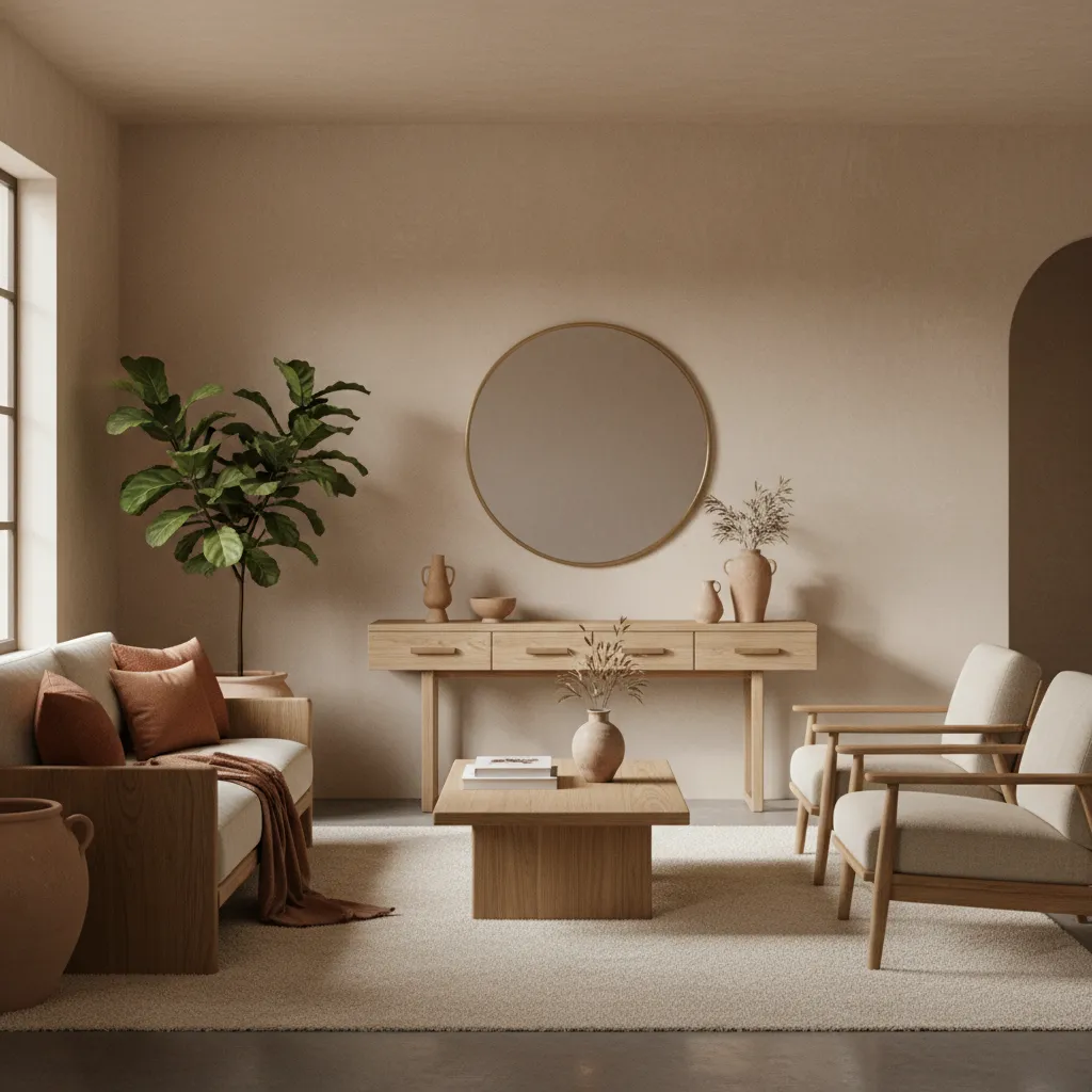 Sala de estar con paleta equilibrada de beige, terracota y madera