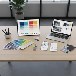Wooden desk with laptop tablet phones color samples and a plant for home design projects