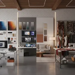 Design studio showing color palettes on walls computer monitors a beige sofa and fabric samples