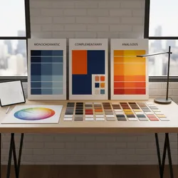 Desk displaying color theory posters for interior design with a color wheel and many samples