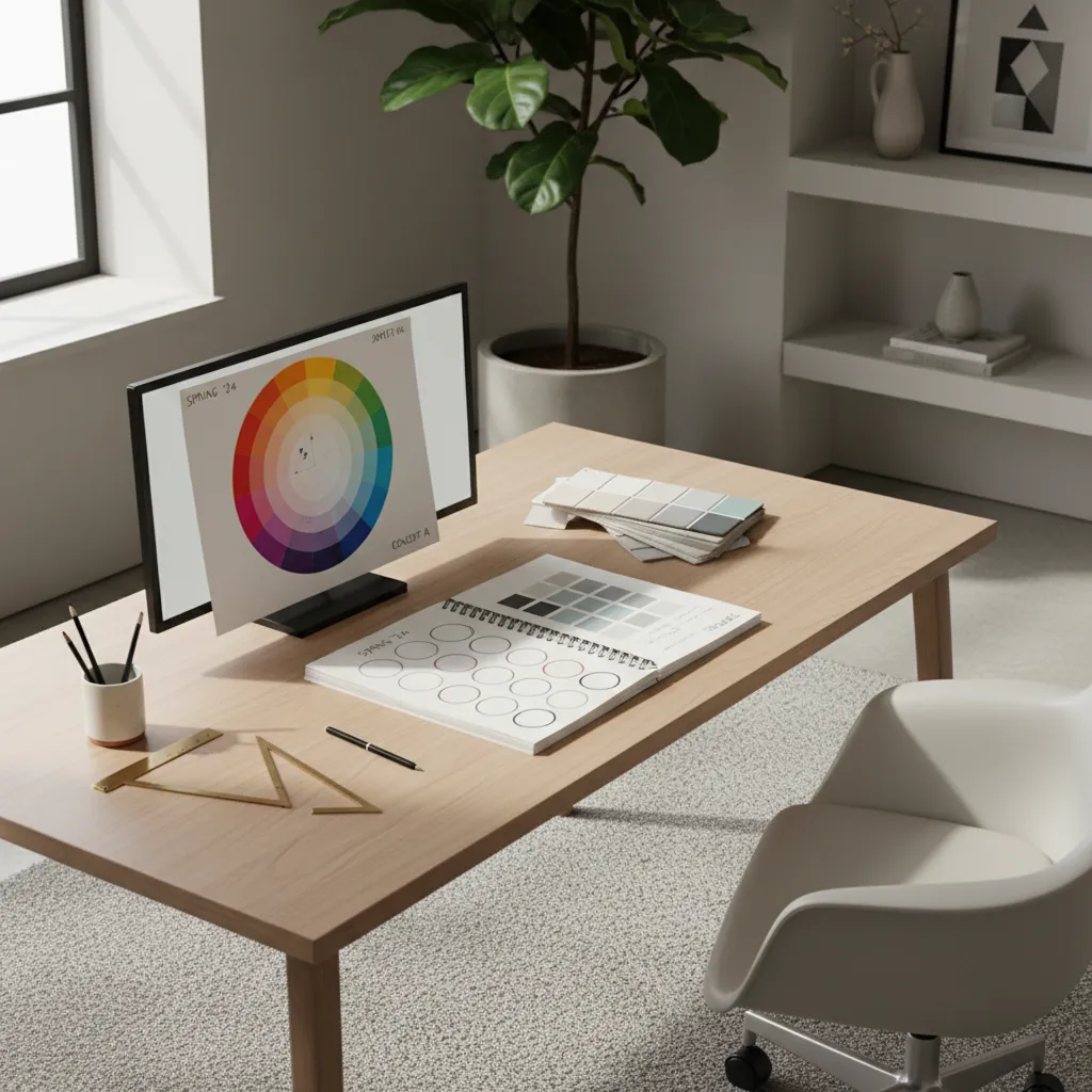 designer workspace showing color wheel and palette planning sketches