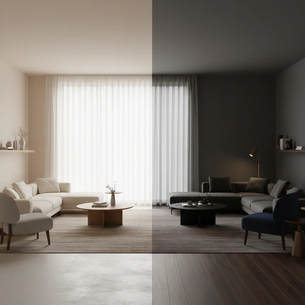 Before and after comparison of a bright living room and a dark living room design