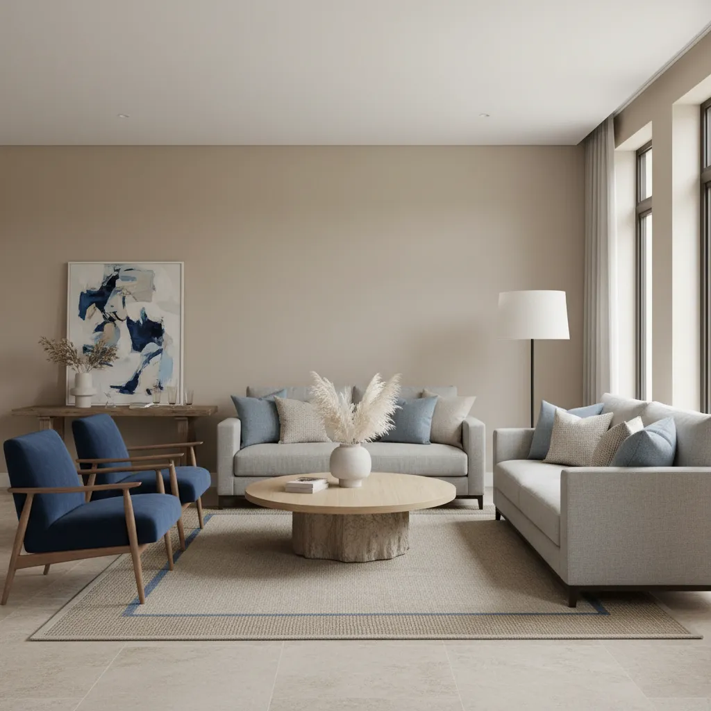 Salón con paleta de colores equilibrada en tonos neutros y azul