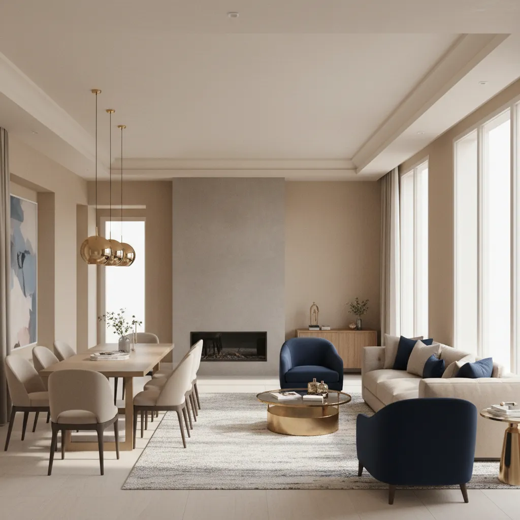 Dining and den rooms sharing neutral color palette with accent tones